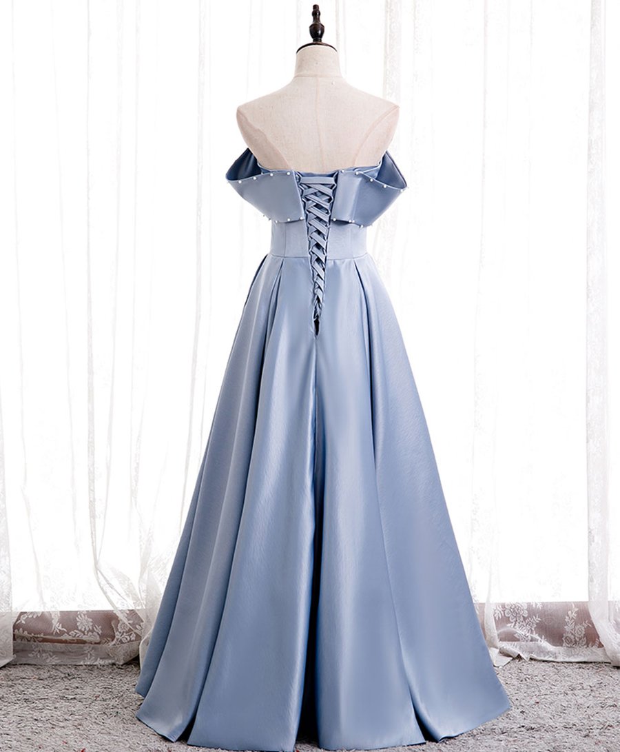 Blue satin of shoulder long prom dress blue evening dress BD80