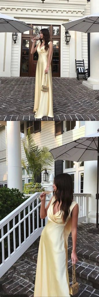 Gorgeous A Line V Neckline Yellow Floor Length Evening Dress Prom Dresses