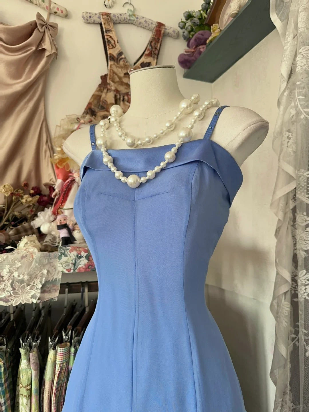 Blue Spaghetti Straps Ankle Length Prom Dress Sleeveless Evening Party Dress
