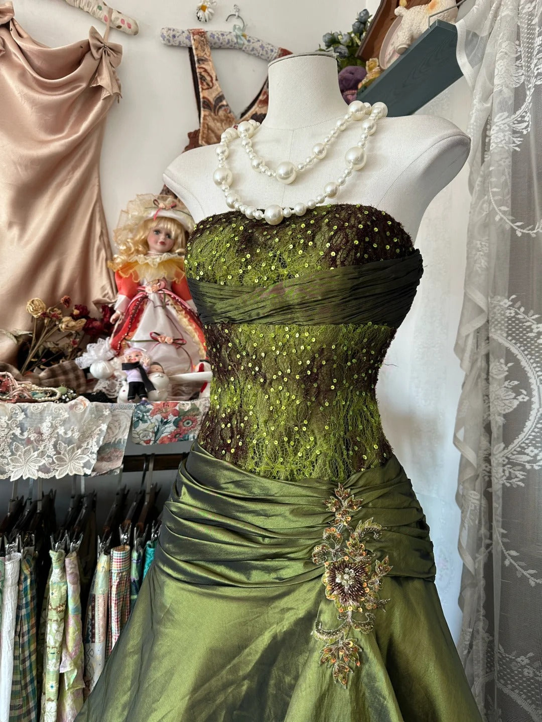 A Line Green Strapless Prom Dress Evening Party Dress