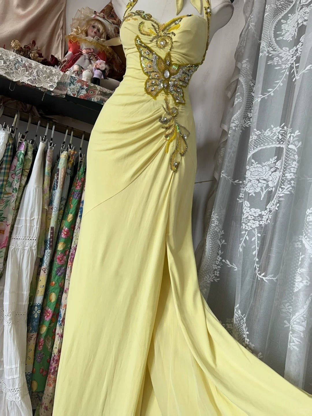 Yellow Halter Mermaid Long Prom Gown Evening Dress