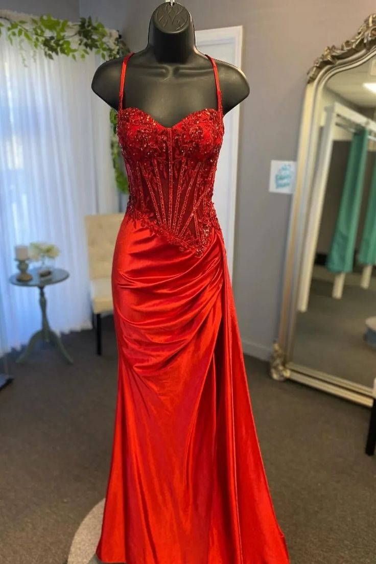 Spaghetti Straps Appliques Satin High Slit Party Prom Formal Evening Dress
