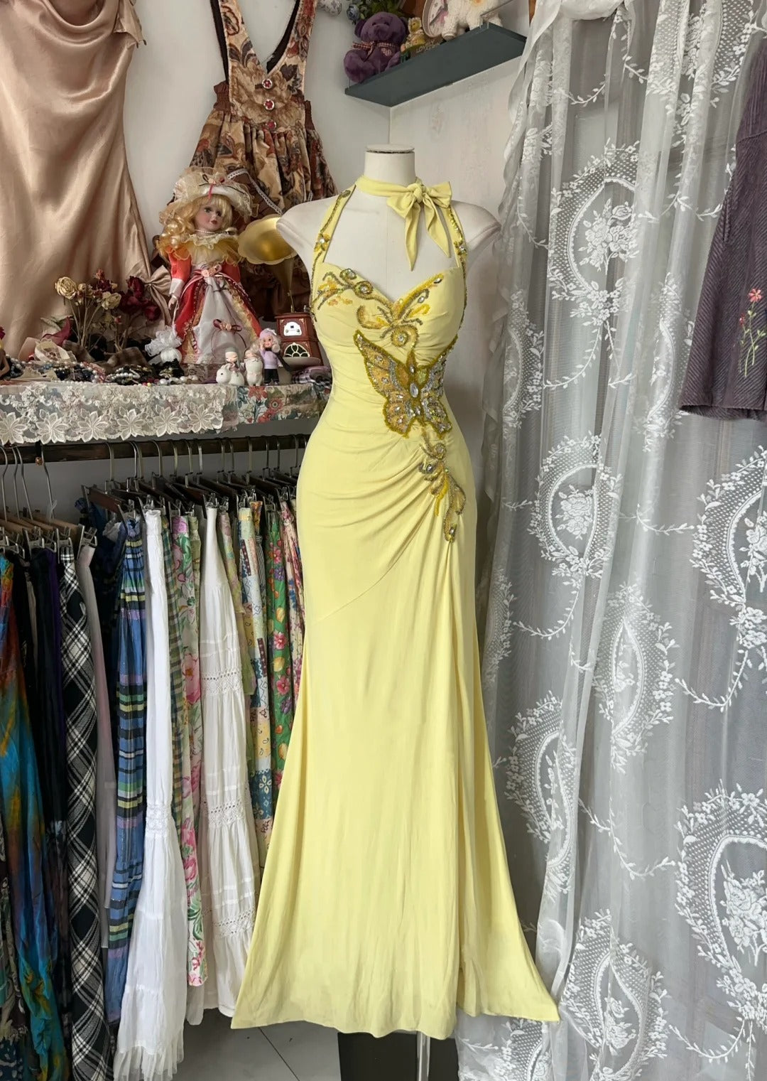 Yellow Halter Mermaid Long Prom Gown Evening Dress