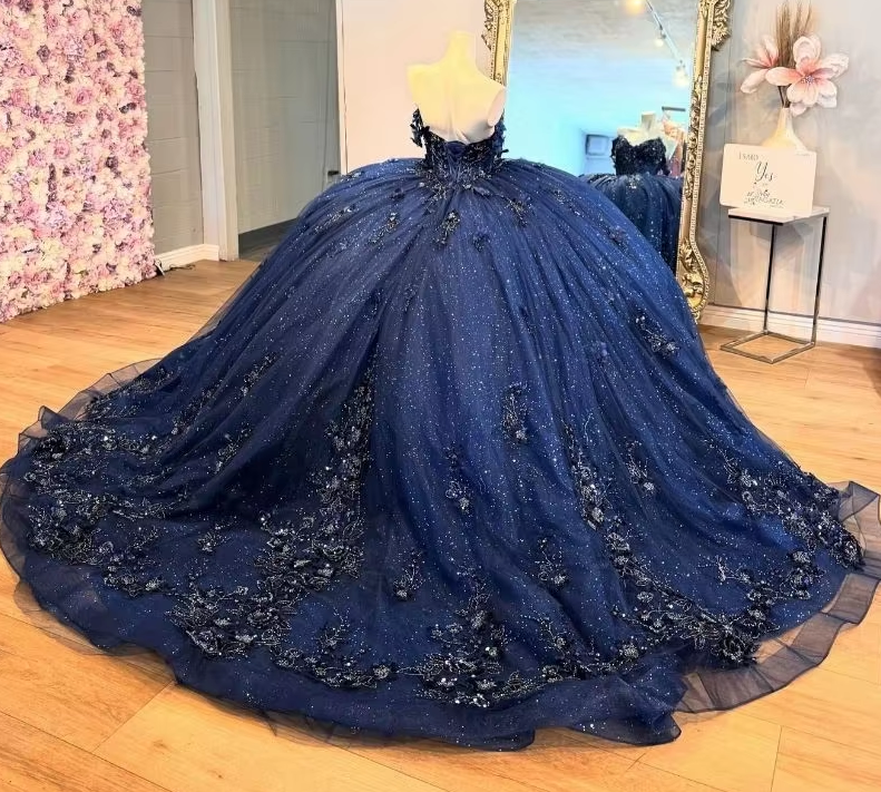 Navy Blue Mexican Quinceanera Dress Floral Applique Beaded Crystal Corset Sweet 16 Dress