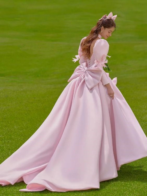 A line Long Sleeves Pink Satin Long Prom Dress Party Dresses