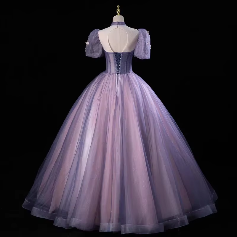 Purple Tulle Puff Sleeve Appliques Quinceanera Dress Evening Dress