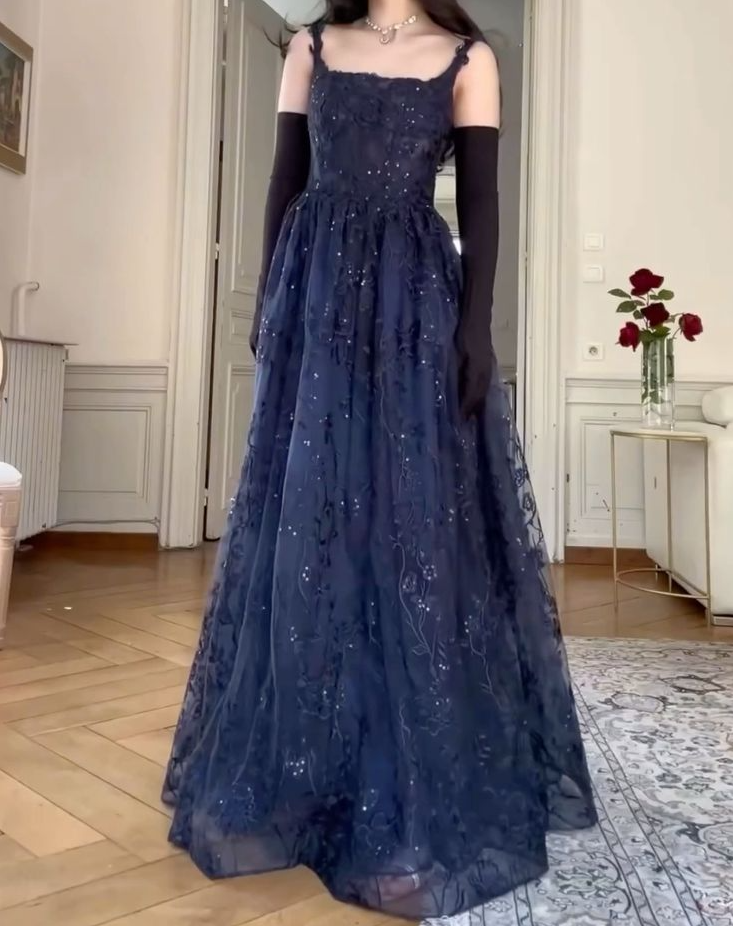 A Line Navy Blue Elegant Birthday Party Dress Long Evening Dress