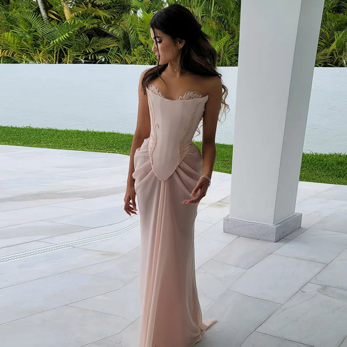 Pink vintage elegant beaded chiffon evening dress