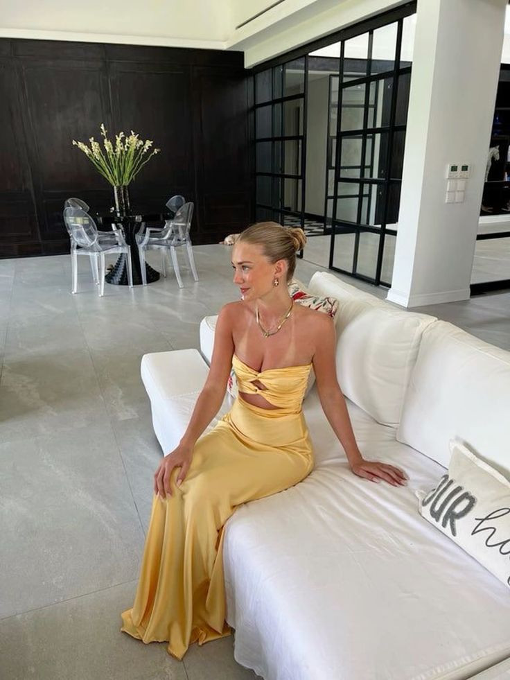 Mermaid Yellow Satin Evening Party Dress Long Prom Dress