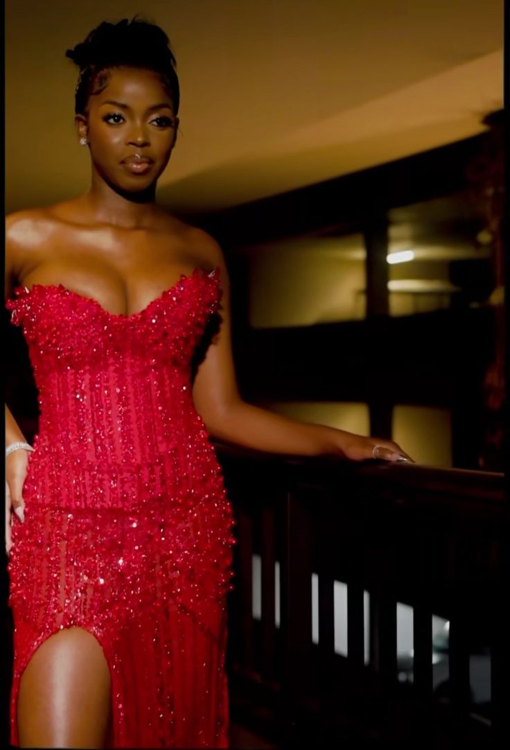 Red strapless mermaid prom dress long evening dress with slit