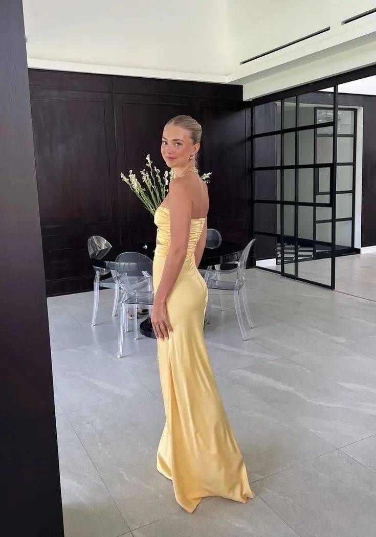 Mermaid Yellow Satin Evening Party Dress Long Prom Dress