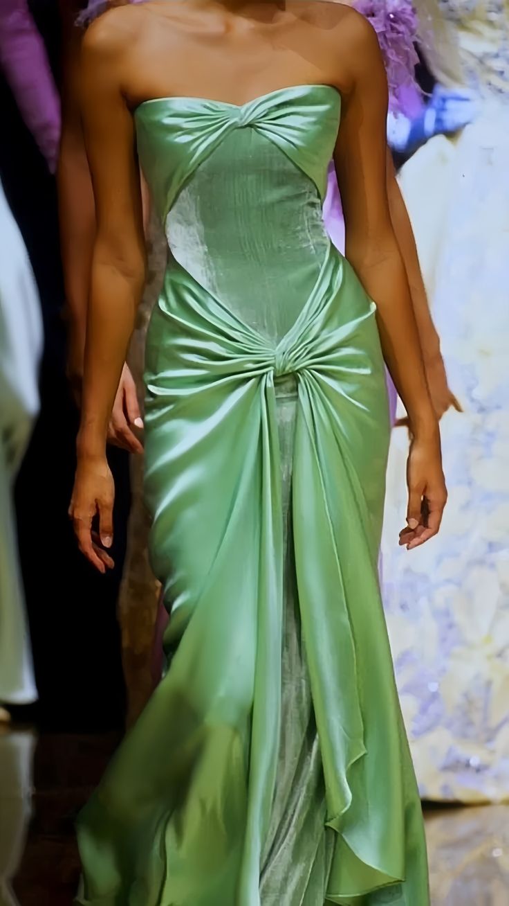 Vintage Strapless Satin Long Green Prom Dresses Evening Dress