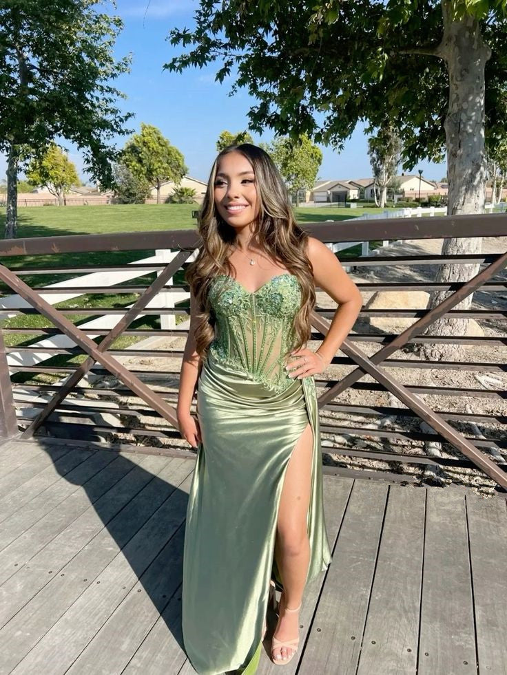 Spaghetti Straps Appliques Satin High Slit Party Prom Formal Evening Dress