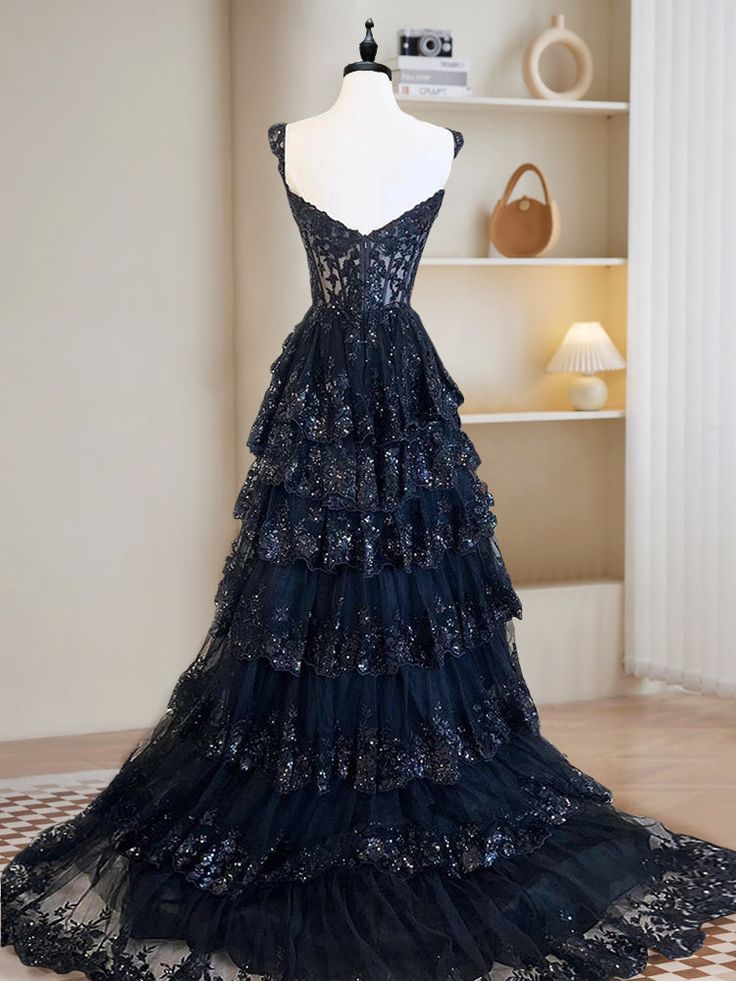 A-Line Tulle Sequin Long Prom Dress, Sequin Long Formal Dress