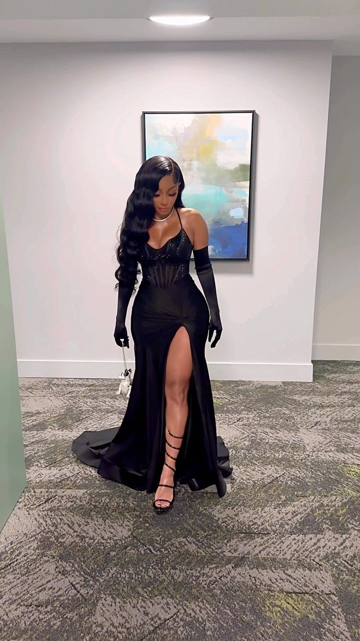 Black Evening Dress Long Prom Dress With Gloves