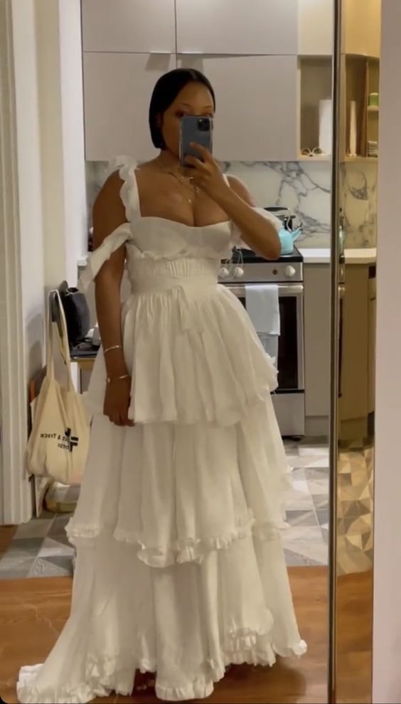 Sexy A line Straps Ruffles Floor Length Chiffon White Prom Dress