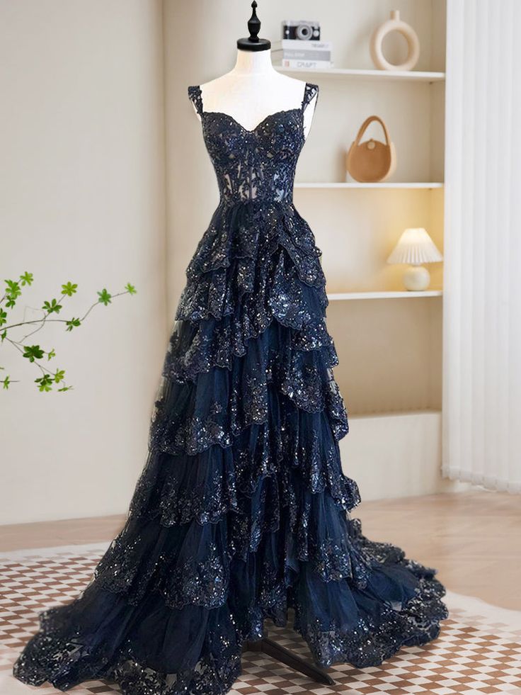 A-Line Tulle Sequin Long Prom Dress, Sequin Long Formal Dress