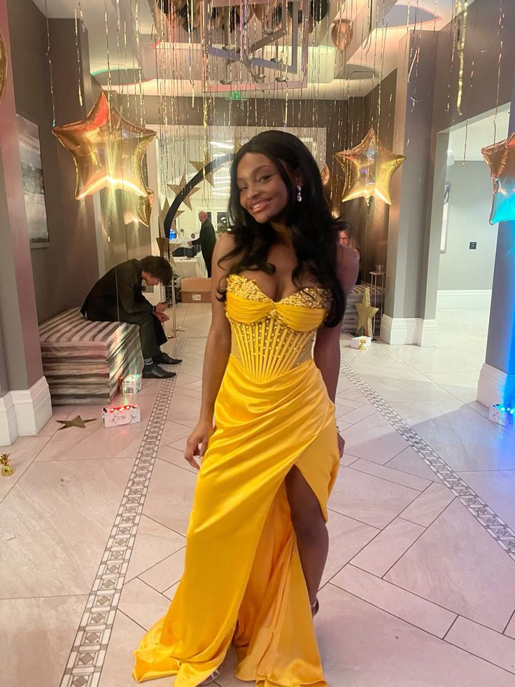 Yellow Mermaid Long Prom Dress Evening Party Dress With Slit