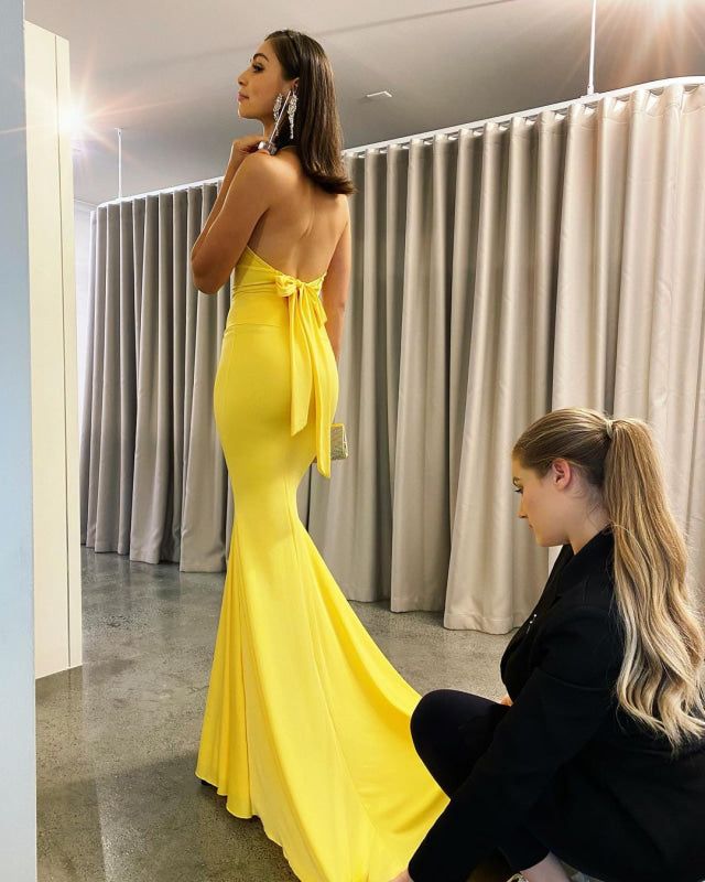 Yellow Backless Mermaid Evening Dress V-Neck Prom Dress