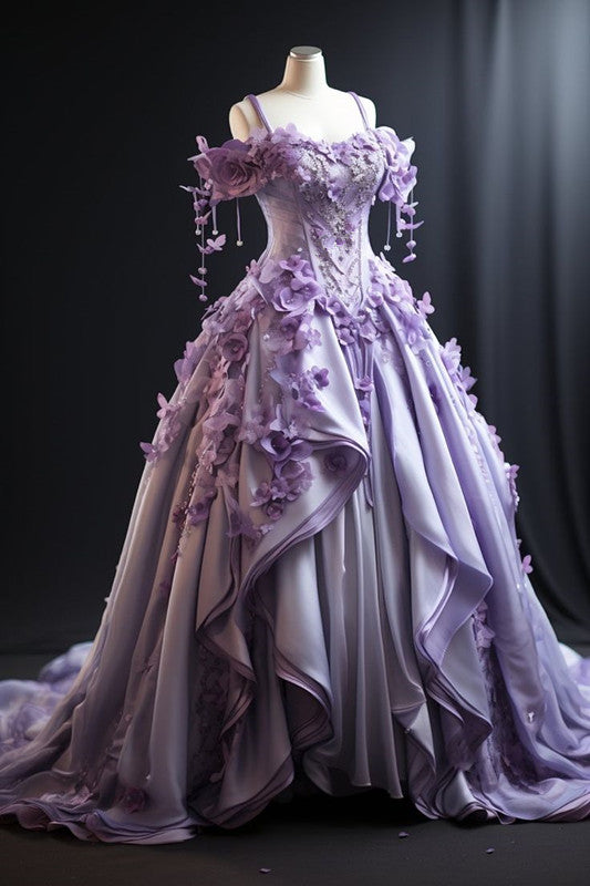 Ball Gown Straps Lilac Satin Floral Sweet 16 Dresses Evening Dress