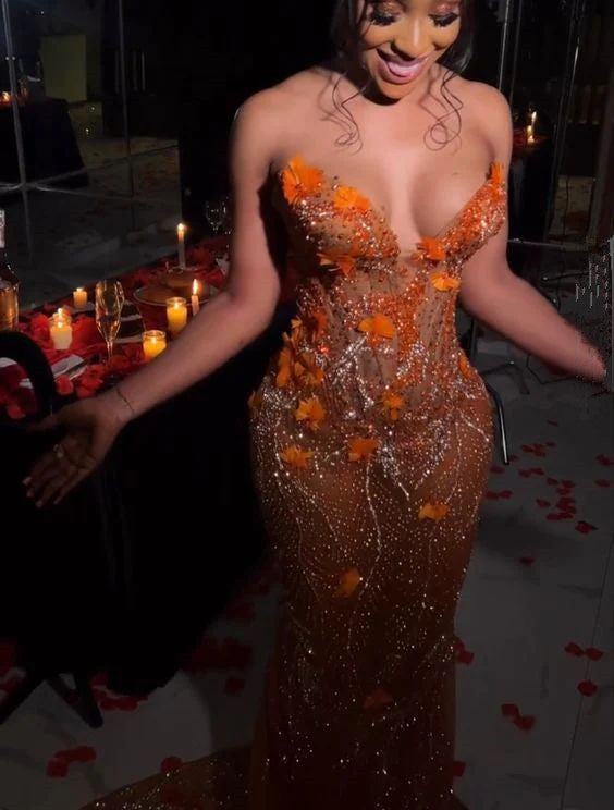 Gorgeous Orange Beaded Applique Mermaid Evening Dress Long Prom Dress