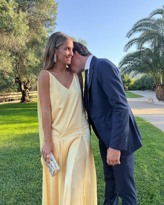 Yellow Satin Evening Dress for Formal Occasions, V-neck A-line Spaghetti Strap Floor Length Elegant Prom Dress