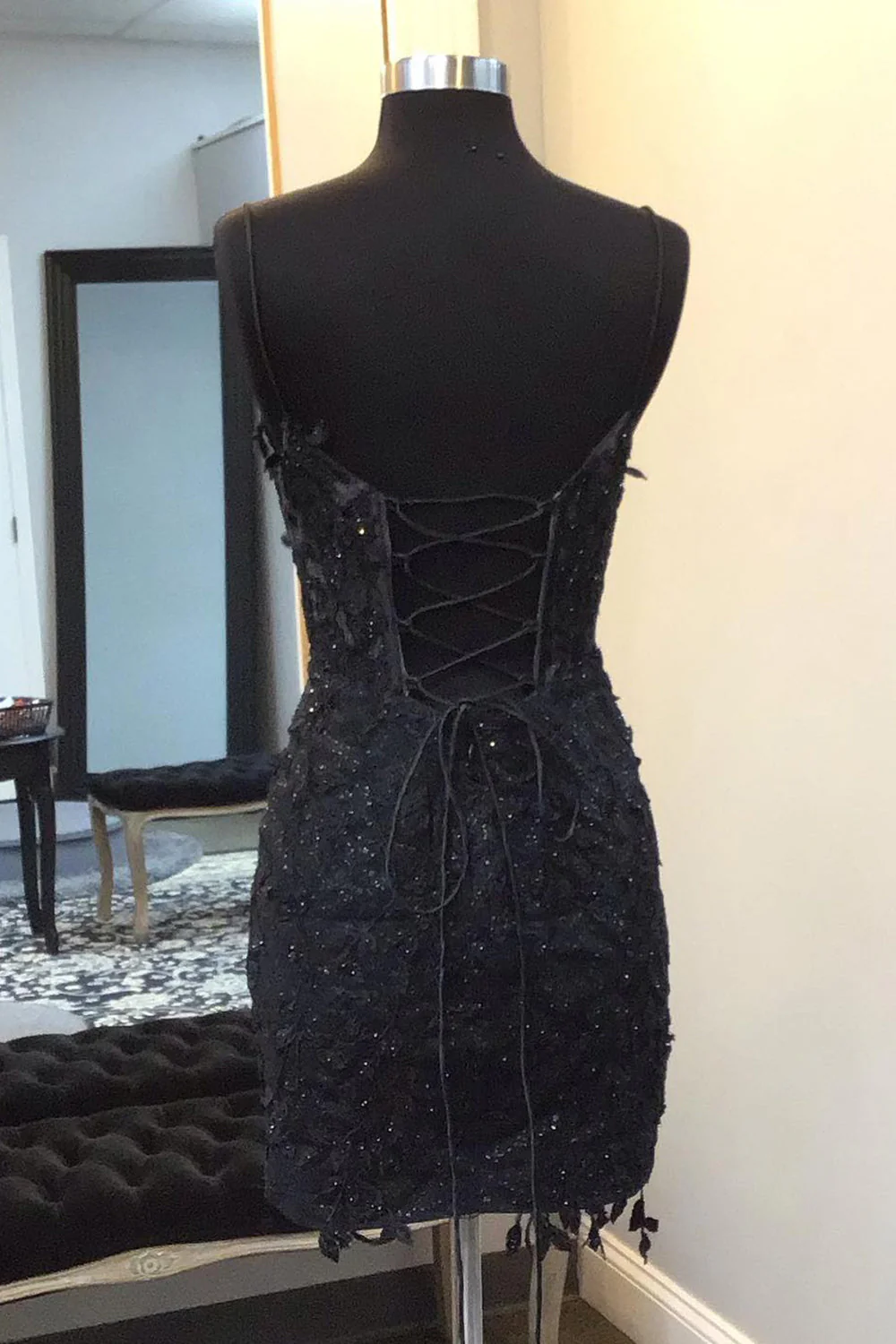 Sparkly Black Corset Lace Tight Short Homecoming Dress
