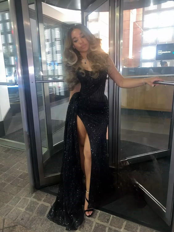 Black long prom dress with Slit ,strapless evening dress