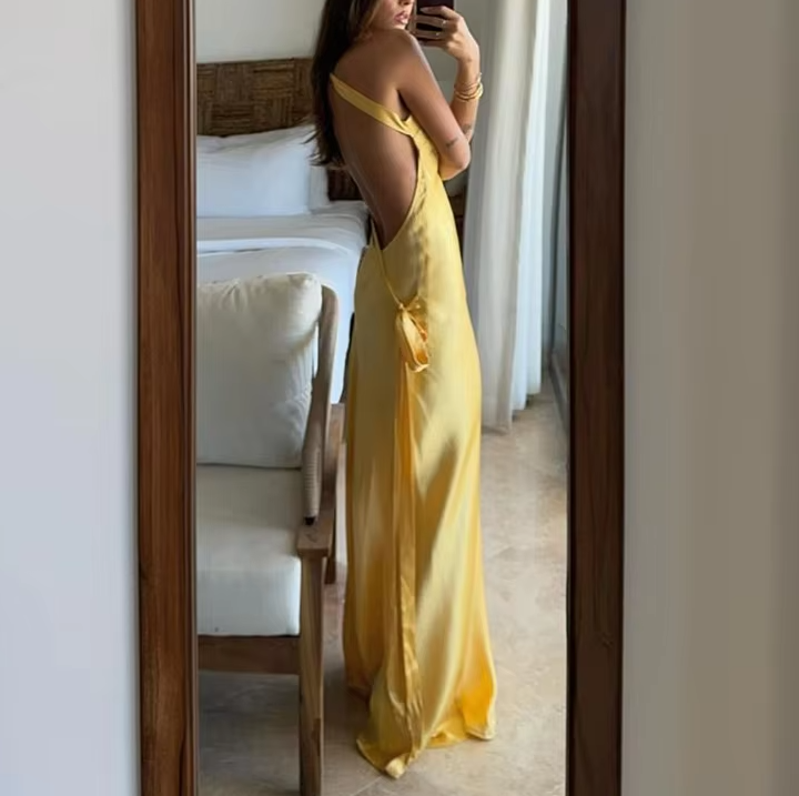 Sexy Backless Stain Dress Women Elegant Sleeveless Maxi Dresses 2025 Evening Dresses