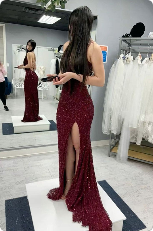 Long Evening Dresses Mermaid Sequins Prom Dress with Silt