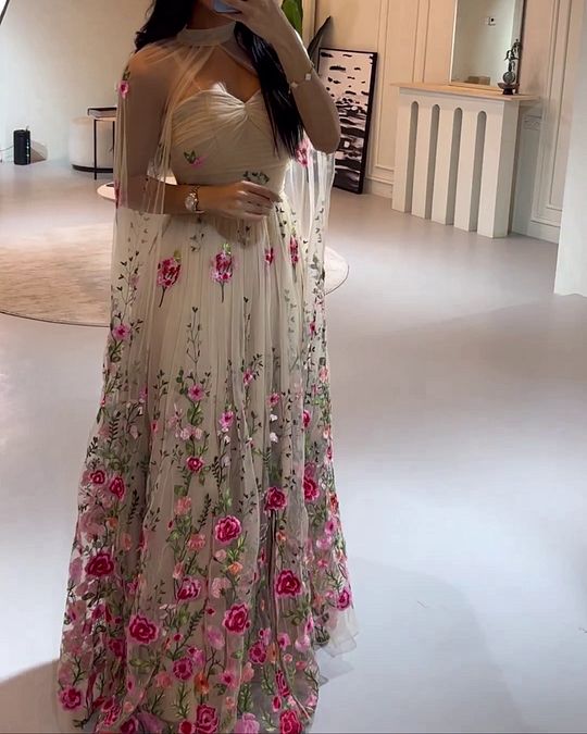A-line Tulle Floral Long Prom Dress Unique Evening Dress