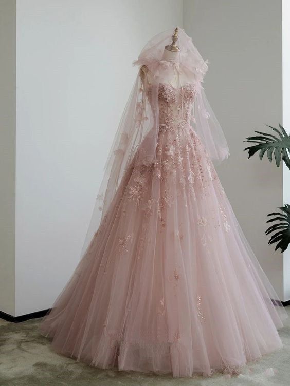 A line Spaghetti Straps Pink Tulle Prom Dresses for Teens