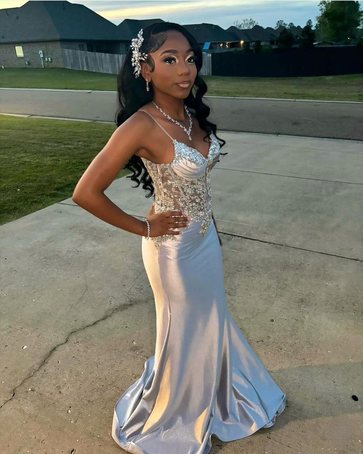 Satin Evening Dress, Silver Prom Dresses, V Neck Mermaid Spaghetti Straps Floor Length Dress