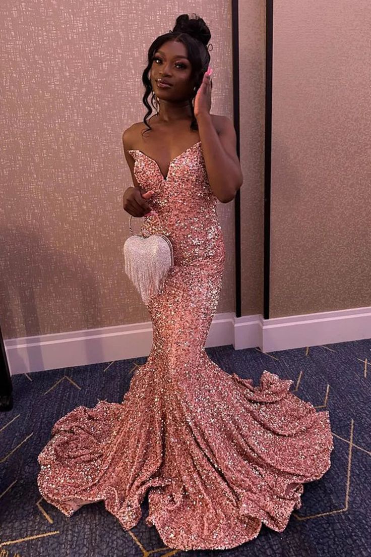 Mermaid Strapless Pink Sequins Long Prom Dress