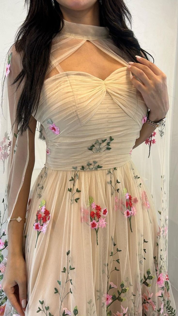 A-line Tulle Floral Long Prom Dress Unique Evening Dress