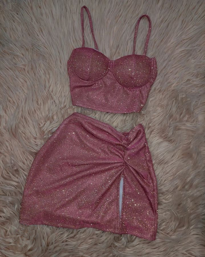 Sexy two piece pink short evening dress