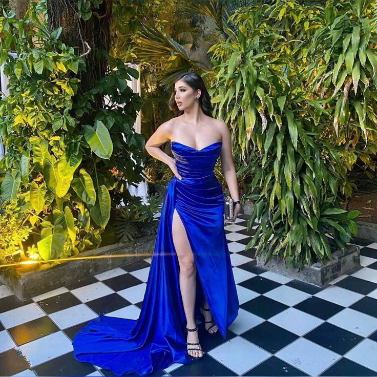 Royal Blue Strapless Long Prom Dress With Slit