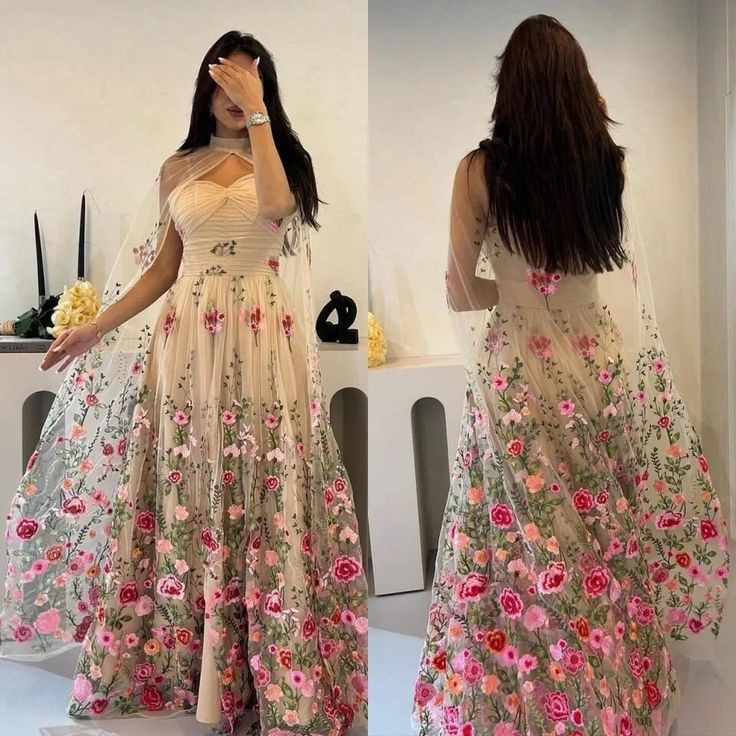 A-line Tulle Floral Long Prom Dress Unique Evening Dress
