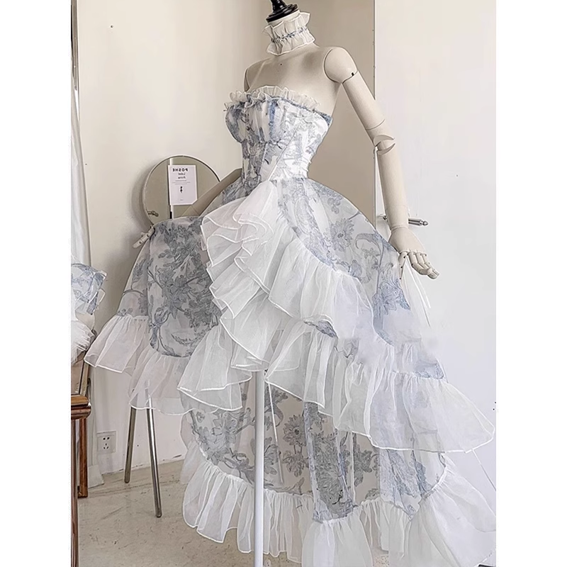 Vintage High Low Strapless Floor Length Light Blue Flowers Prom Dresses Birthday Dress