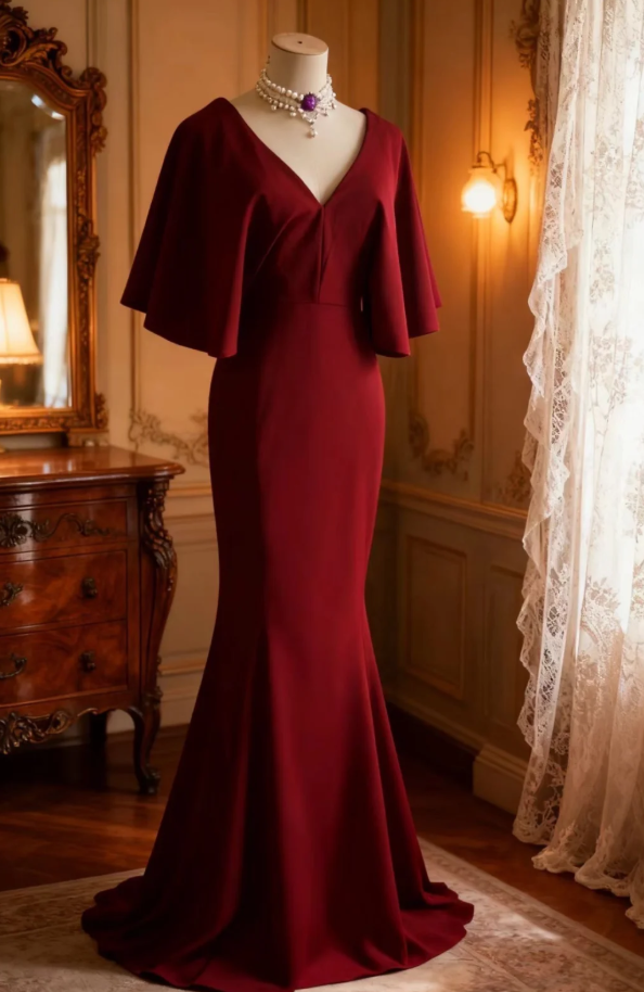 Vintage V Neck Burgundy Satin Mermaid Evening Dress Backless Long Birthday Party Dress