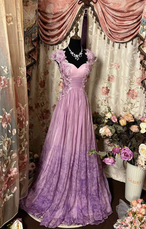 Sweetheart Flowers Chiffon Long Prom Dress,Long Evening Gowns