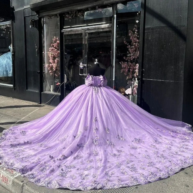 Ball Gown Luxury Off-Shoulder 3D Floral Quinceanera Dress in Lilac