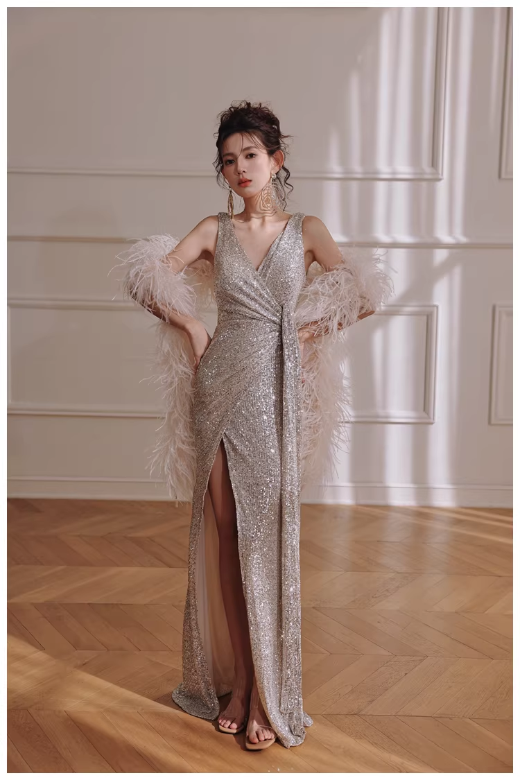 Glitter V Neck Silver Sequin Slit Mermaid Long Evening Dress Birthday Dress