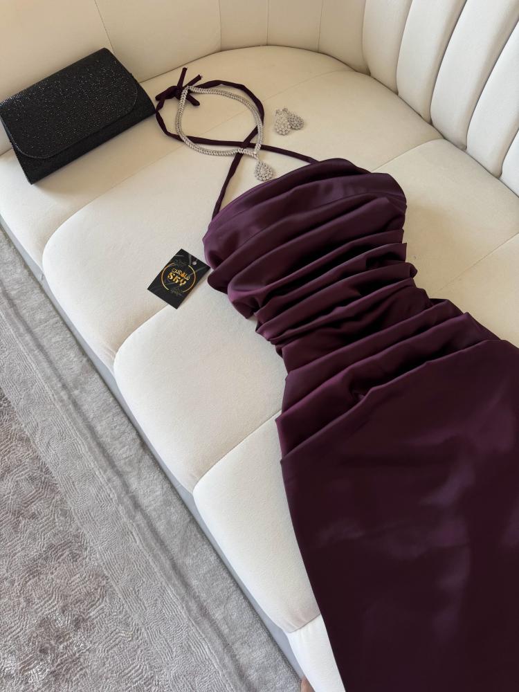 Elegant Sheath Halter Sleeveless Burgundy Satin Backless Prom Dresses Long Evening Dress