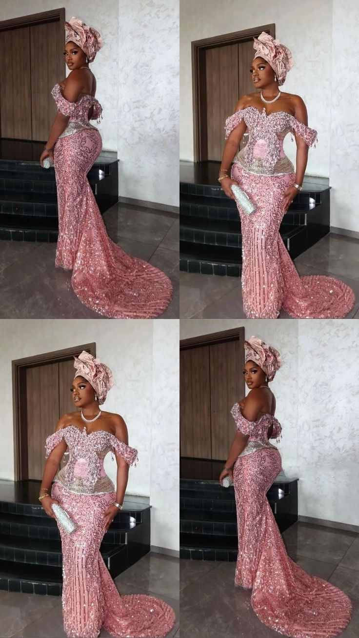 Gorgeous Pink Off The Shoulder Sequin Beaded Mermaid Evening Dress Formal Prom Dresses