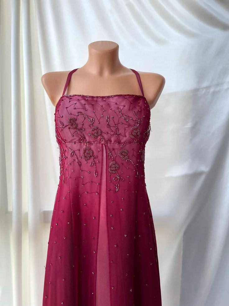 Pretty Spaghetti Straps Ombre Hot Pink Satin Beaded A Line Long Evening Dress Birthday Party Dress