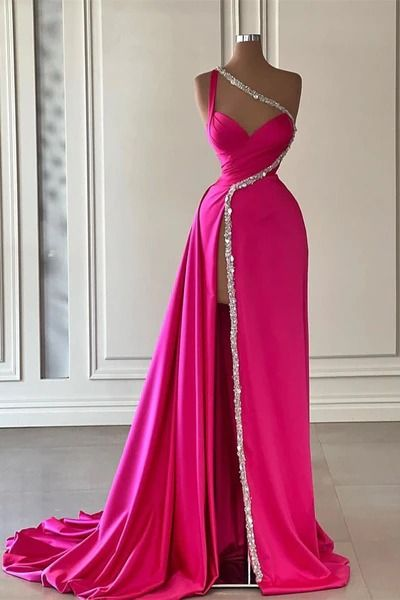 Gorgeous Hot Pink Pleated Satin Prom Party Dress Slit Evening Dress