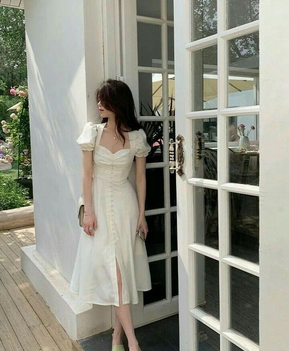 White Elegant Split Dress Women V-Neck Sweet Sexy Midi Dress Female Puff Sleeve Vintage Prom Dress