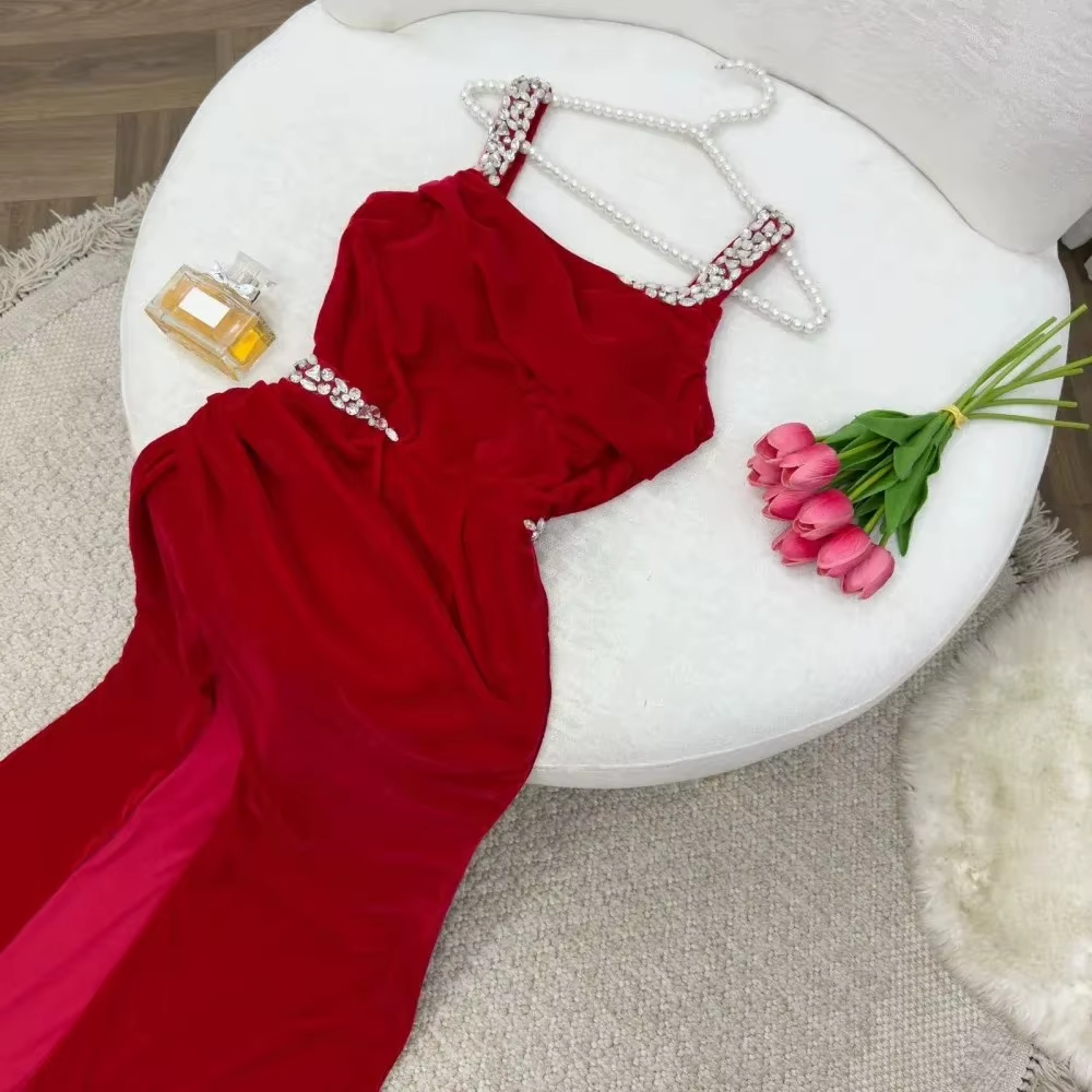 Elegant Sheath Straps Burgundy Satin Silver Beads Slit Long Prom Dresses Formal Dress