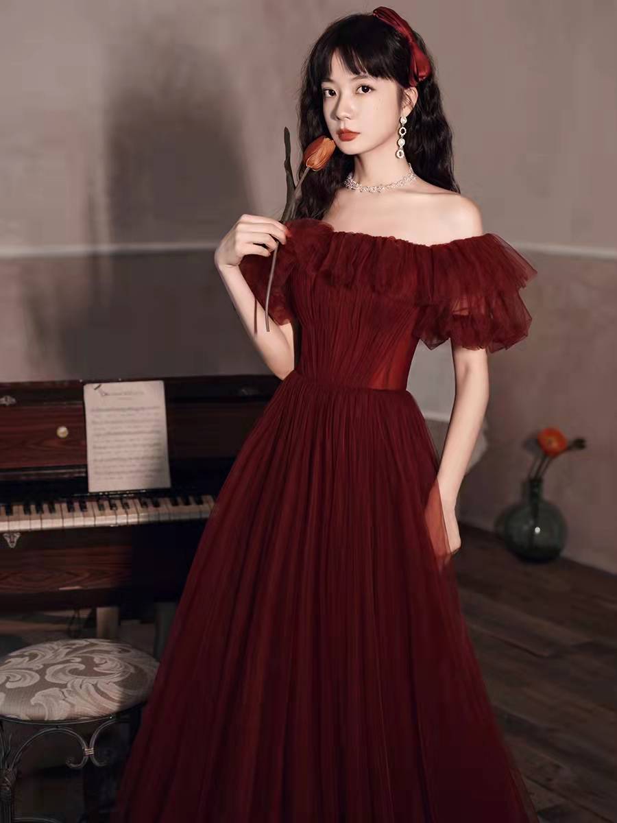 Burgundy tulle long prom gown formal dress